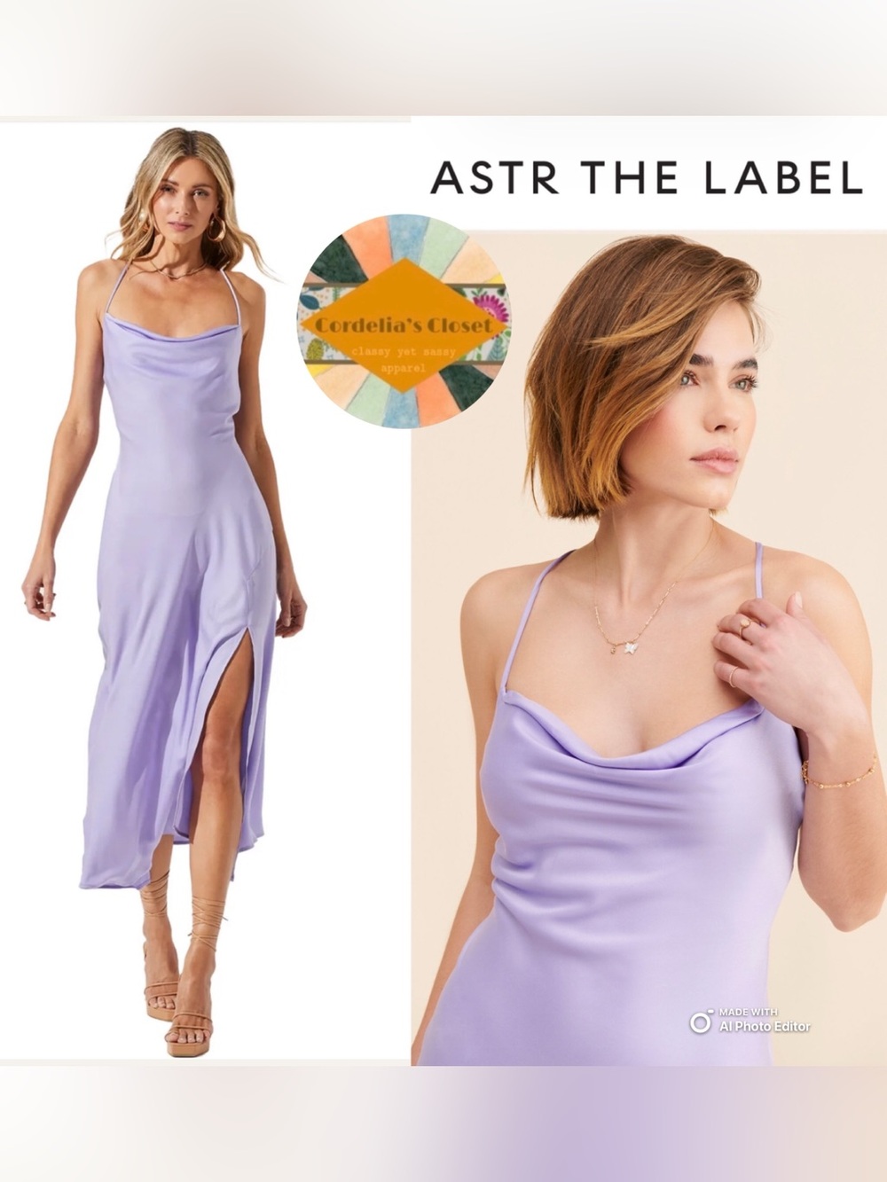 ASTR THE LABEL Gaia Elegant Romantic Satin Slip Midi Dress in Purple Pop Large